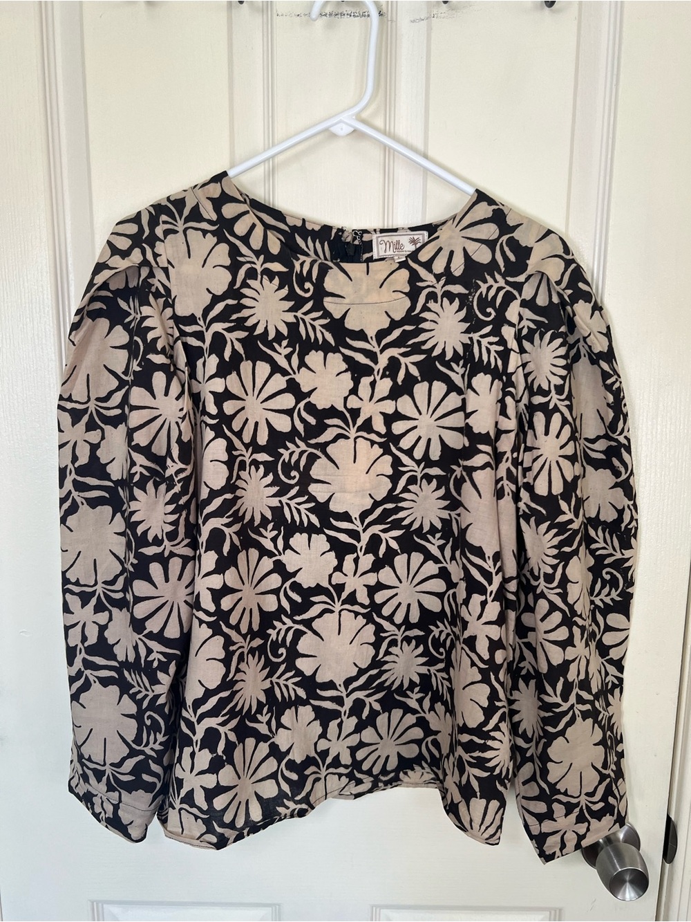 Mille Size L Brown - Tan Floral Block Print Cotton Puff Sleeve Blouse